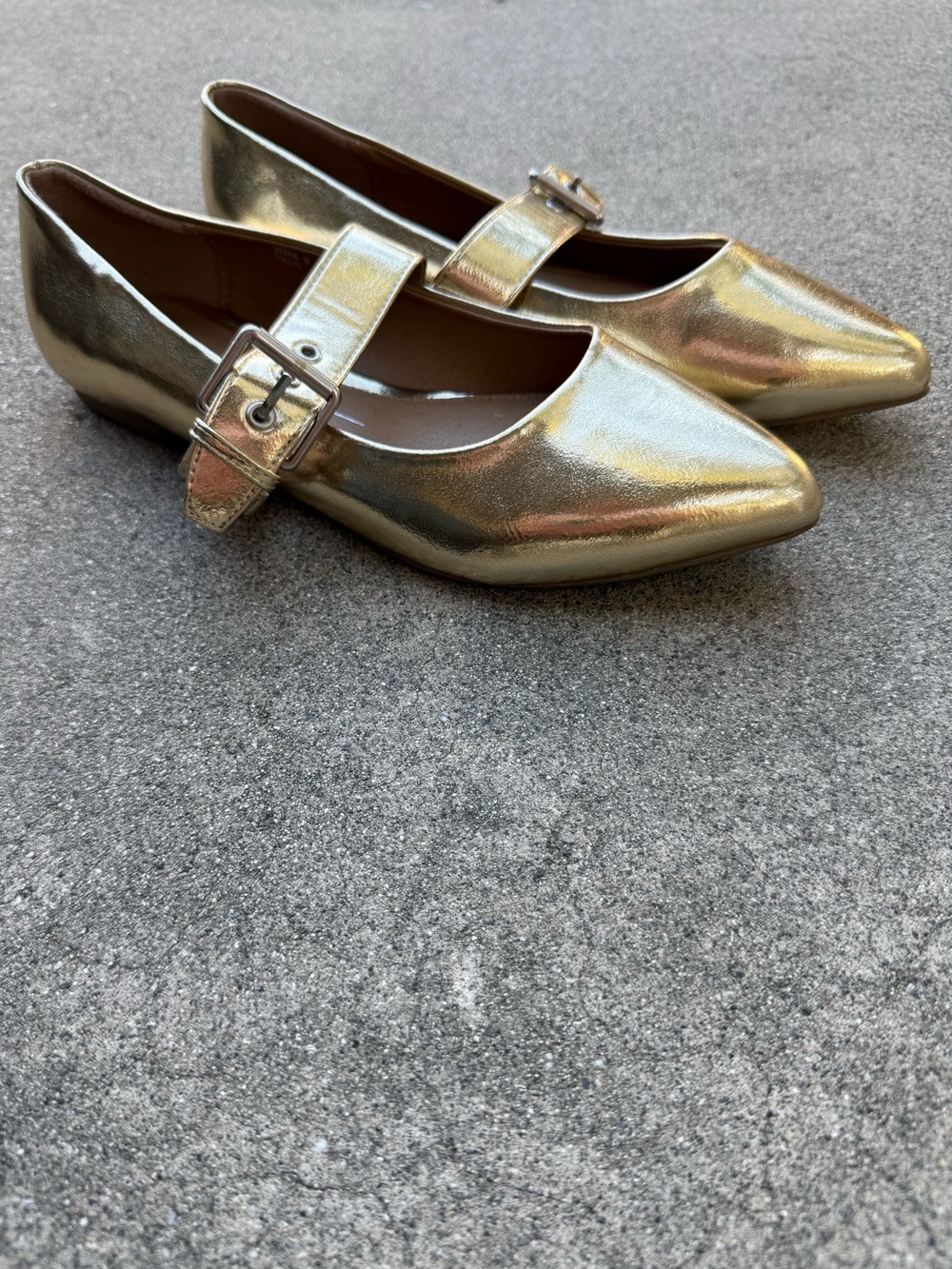 Report Golden Metallic Mary Jane Ballet Pointed Toe Buckle Strap Statement Flats